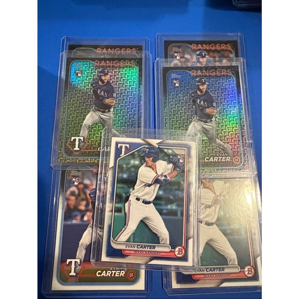 Topps Evan Carter Rangers Baseball Cards - Blue and Green Holographic Accents
